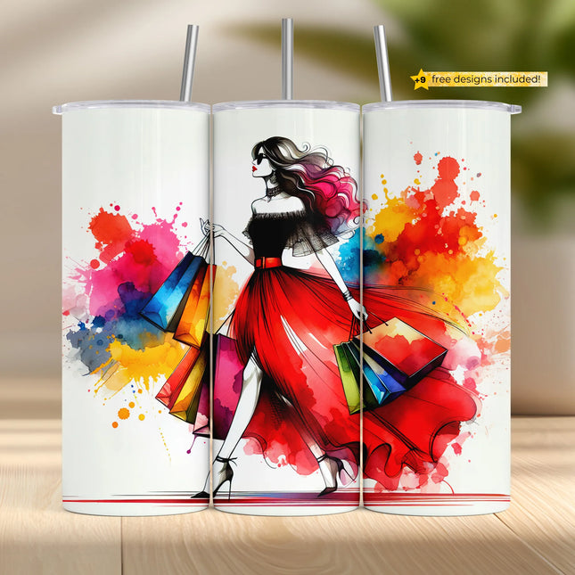 PNG tumbler wrap with stylish woman in red skirt holding colorful shopping bags with watercolor splashes.
