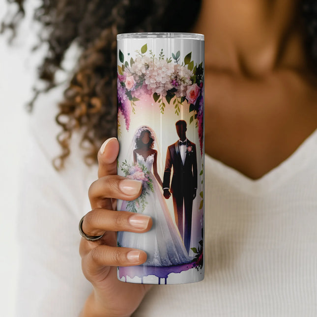 Digital wrap with bride in lace gown, groom in tuxedo, and floral arch – perfect for heartfelt tumbler gifts.