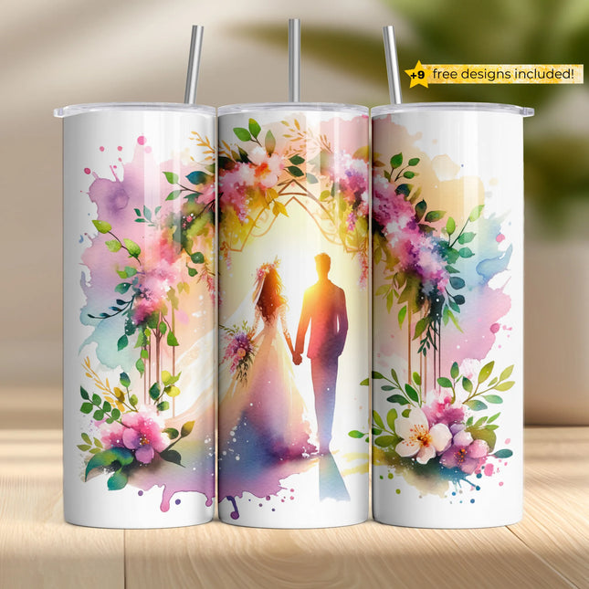 Romantic sublimation wrap PNG with bride and groom silhouette under floral arch and sunset glow.