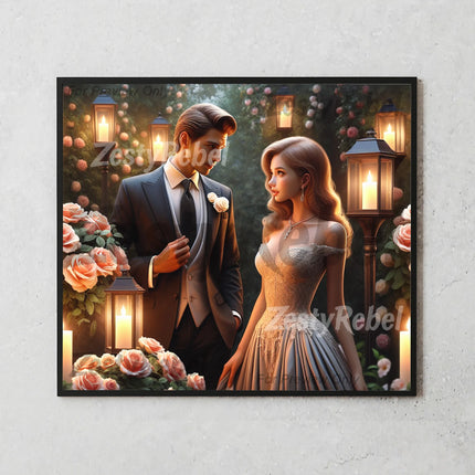 20oz tumbler wrap design with bride in lace gown and groom in tuxedo among glowing lanterns and flowers.