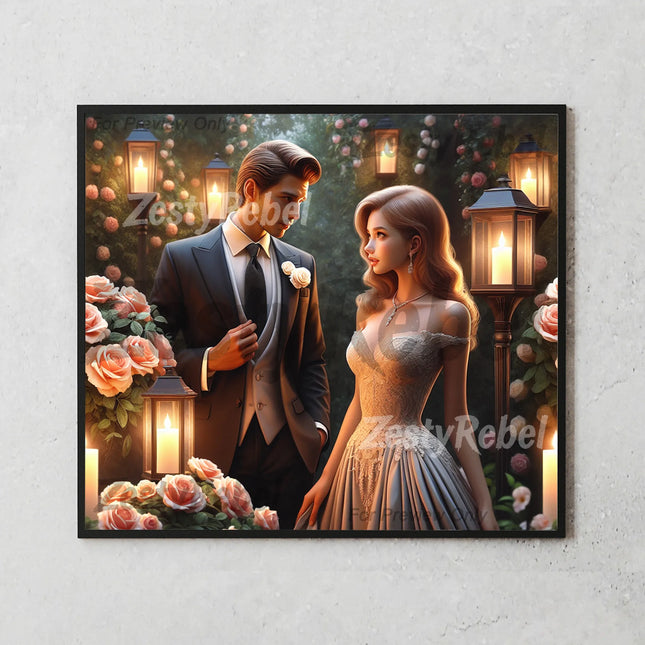 20oz tumbler wrap design with bride in lace gown and groom in tuxedo among glowing lanterns and flowers.