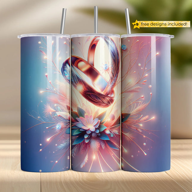 Elegant tumbler wrap featuring glowing wedding rings with sparkling lights and dreamy floral bouquet.
