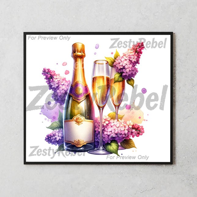 20oz tumbler wrap with romantic wine flutes, pastel blossoms, and vintage label accents for DIY crafting.