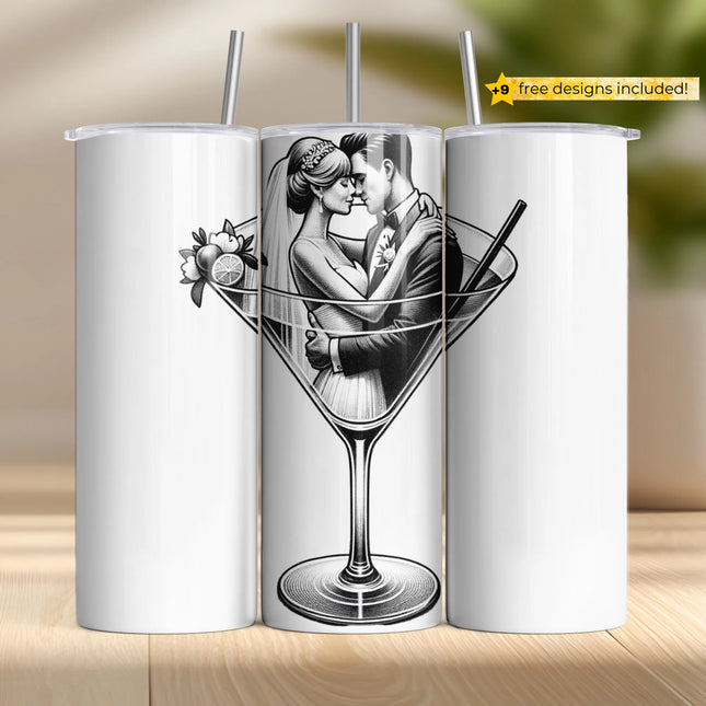 Vintage-style tumbler wrap PNG with bride and groom inside a martini glass – perfect for weddings and gifts.