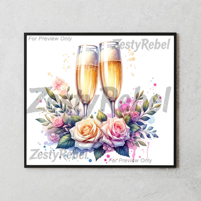 Romantic 20oz sublimation design with toasting flutes and pastel flowers for bridal DIY and print-on-demand sellers.