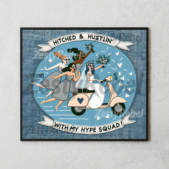 Best tumbler png for wall art and print on demand – funny bride squad design on denim textured background