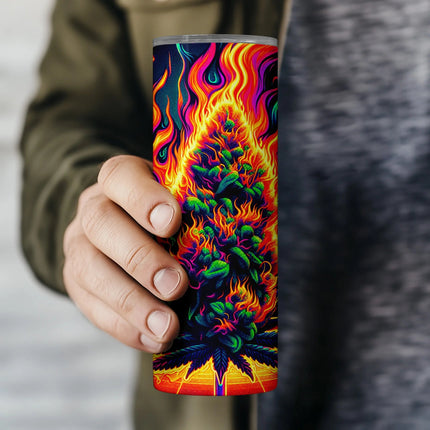 Digital PNG wrap of marijuana surrounded by bright flames, ideal for edgy crafts and stoner merch.