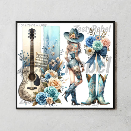 Digital PNG wrap for 20oz tumbler featuring country music theme with guitar, roses, and denim cowgirl.