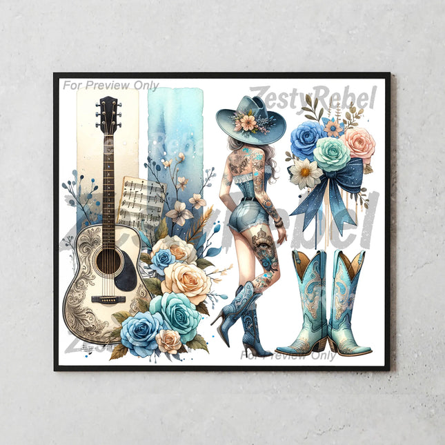 Digital PNG wrap for 20oz tumbler featuring country music theme with guitar, roses, and denim cowgirl.