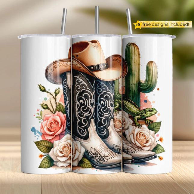 Western sublimation tumbler wrap featuring cowboy boots, cactus, roses, and watercolor lizard – perfect for DIY crafting.