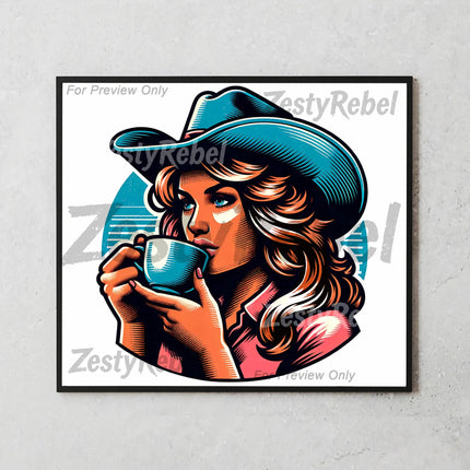 Vintage western woman with hat drinking coffee for 20oz sublimation tumbler