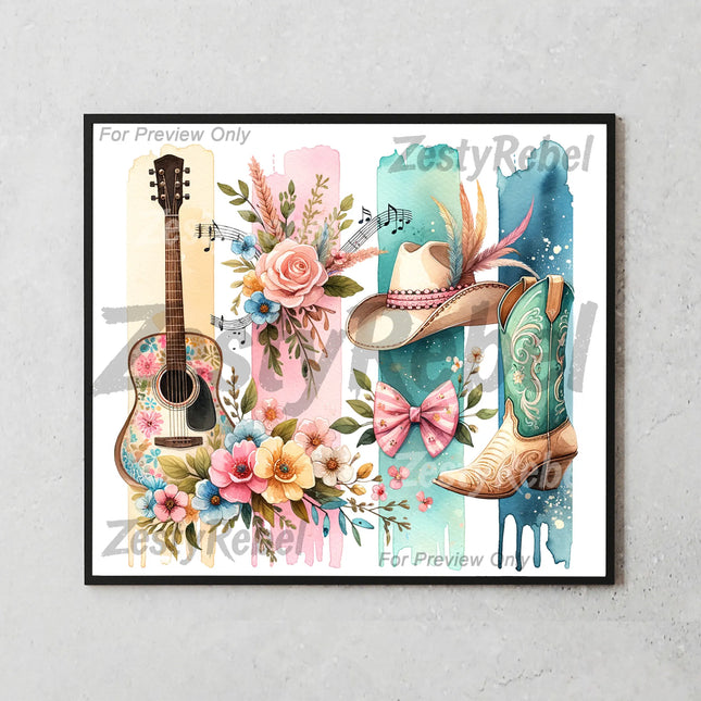 20oz tumbler wrap with cowboy hat, feathers, and pastel floral accents for crafting and print-on-demand.