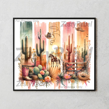 20oz tumbler wrap with cowboy gate, horse, pink cactus blooms, and rustic Western elements for DIY sublimation.