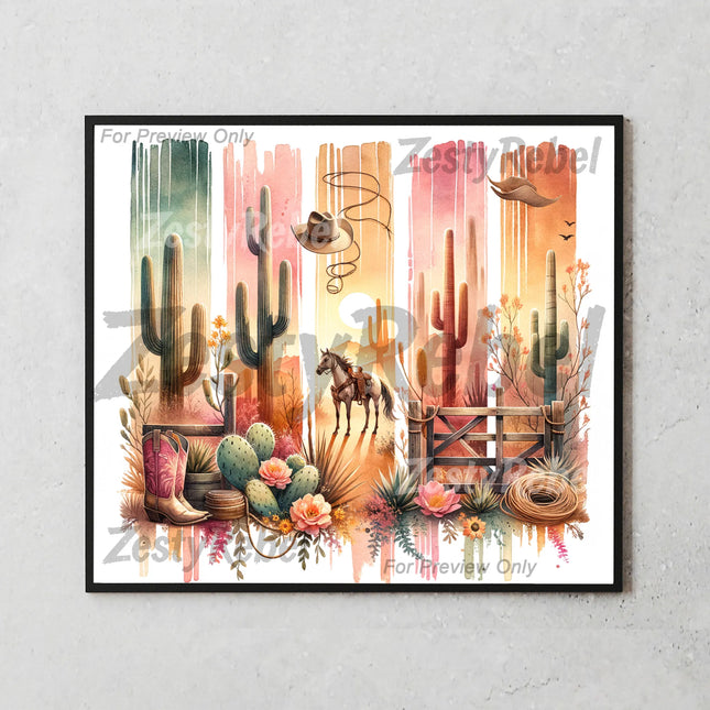 20oz tumbler wrap with cowboy gate, horse, pink cactus blooms, and rustic Western elements for DIY sublimation.