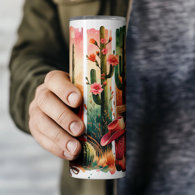 Digital wrap with lasso, pink boots, blooming cactus, and warm sunset – ideal for POD western gifts.