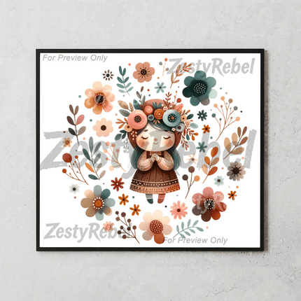 Hand-drawn folk art girl with flowers tumbler wrap in pastel tones, perfect for DIY gifts.