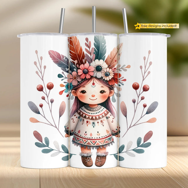 Pastel pink girl character with stars on a dreamy tumbler wrap for sublimation crafts.