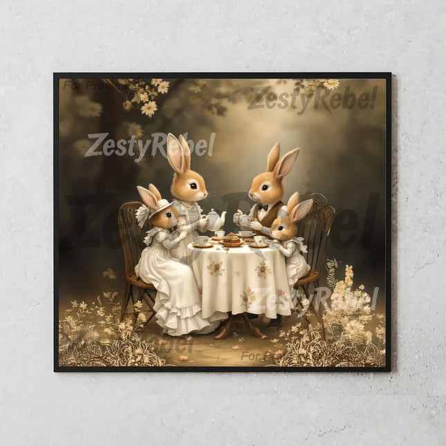 Vintage rabbit family drinking tea – perfect for cozy tumbler DIY projects.