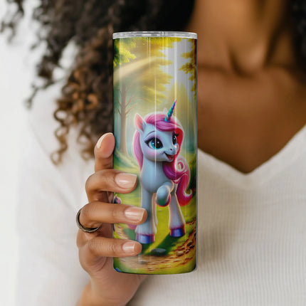 DIY sublimation wrap for tumblers featuring a pink-haired unicorn, smiling animals, and fairytale forest vibes.