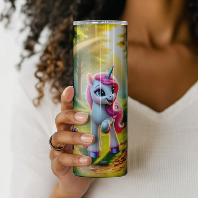 DIY sublimation wrap for tumblers featuring a pink-haired unicorn, smiling animals, and fairytale forest vibes.