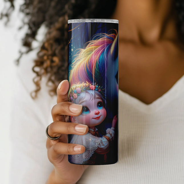 POD sublimation wrap showing sweet unicorn and girl moment in mystical woodland under stars.
