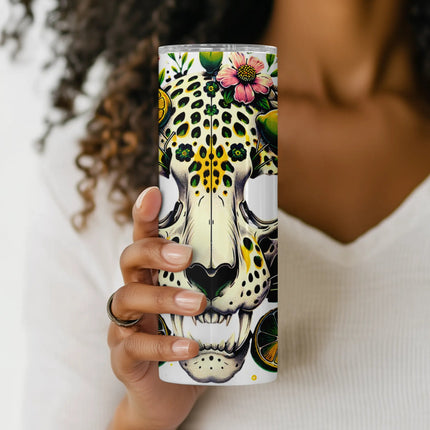 PNG wrap for tumblers with edgy jungle animal skull and vibrant fruit florals