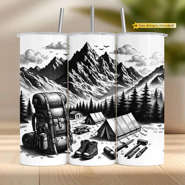 Vintage camping scene PNG wrap with mountain range, pine trees, tents, and backpack for sublimation tumblers.
