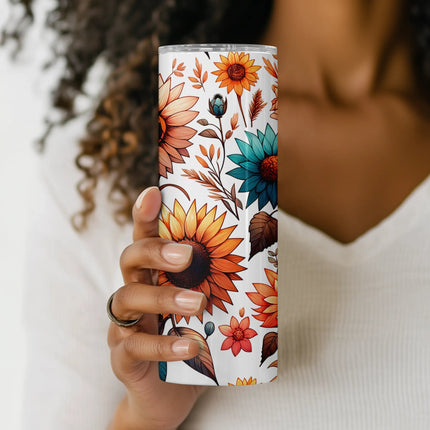 High-resolution PNG tumbler wrap with sunflowers and wildflowers in earthy autumn tones, ideal for crafters.