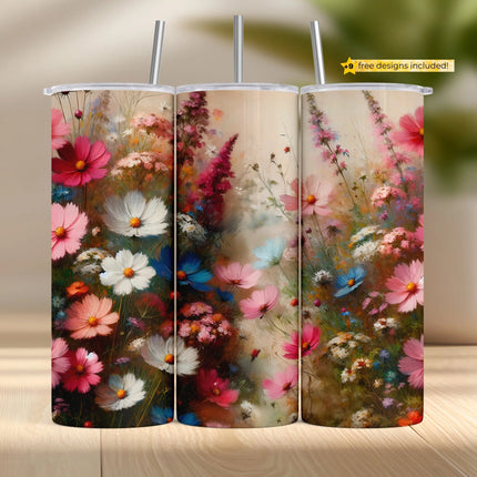 Seamless tumbler wrap with pastel cosmos, daisies, and soft garden florals