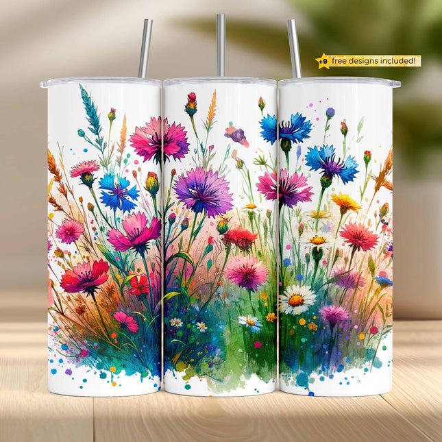 Buy wildflower tumbler png for sublimation – boho floral watercolor wrap design