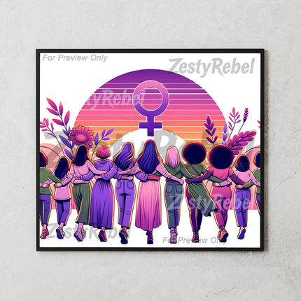 Unity-themed PNG sublimation wrap for 20oz tumblers showing female solidarity in vibrant retro colors.