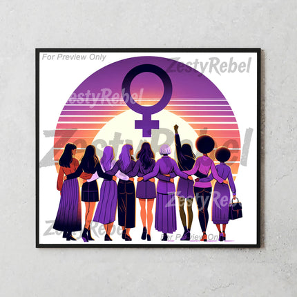 Empowering 20oz tumbler wrap design showing united women and feminist icon in vibrant sunset colors.