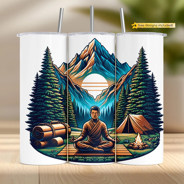 Buy zen camping mountain tumbler png for sublimation – peaceful meditation wrap with sunset and fire